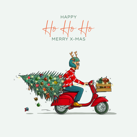 Kerstkaart Vespa met kerstboom