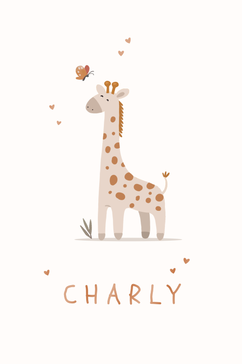 Neutraal geboortekaartje giraf met vlinder
