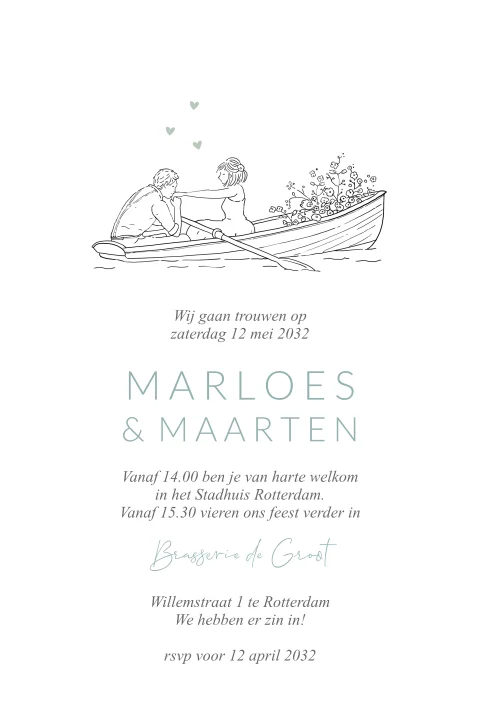 Trouwkaart arc stans vorm roeibootje met bruidspaar