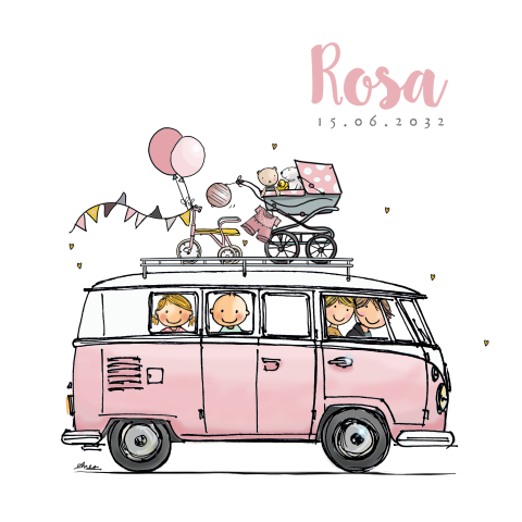 Geboortekaartje meisje vw bus roze ballonnen zusje