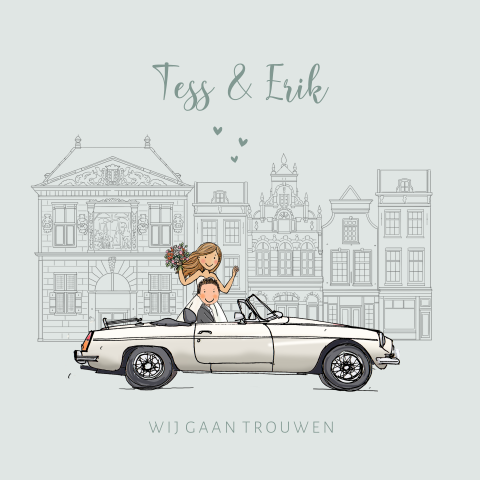 Trouwkaart MGB auto bruidspaar en Gouda