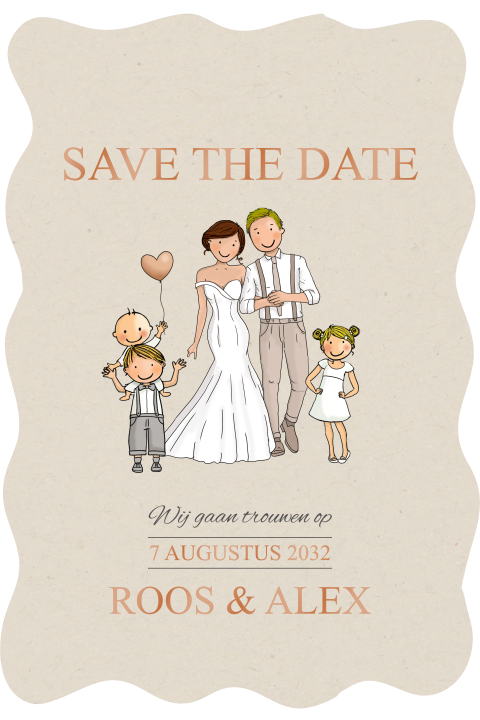 Savethedate getekende bruidspaar met kinderen en ballon