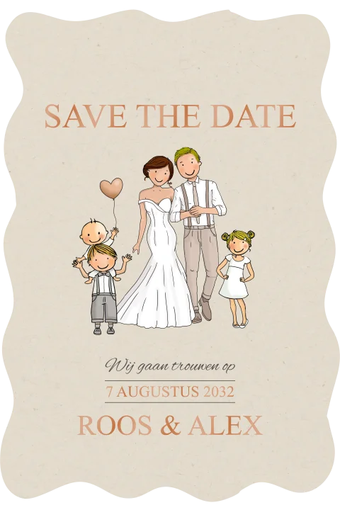 Savethedate getekende bruidspaar met kinderen en ballon