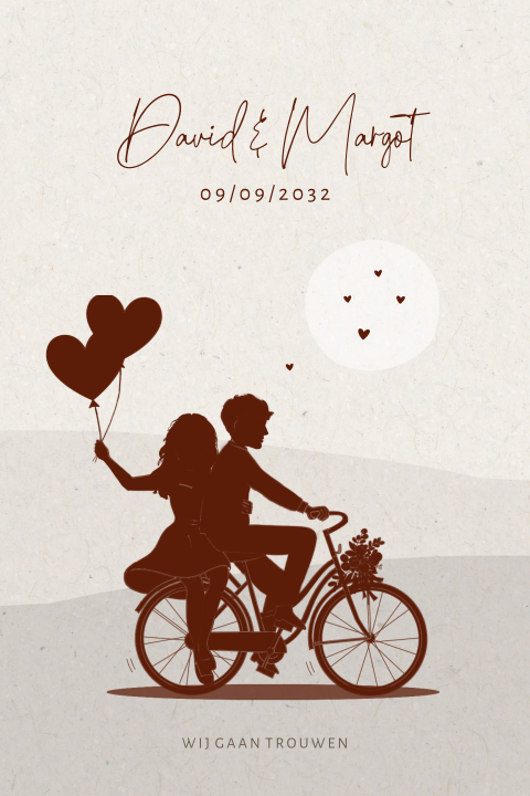Trouwkaart bruidspaar met silhouette fiets en landschap