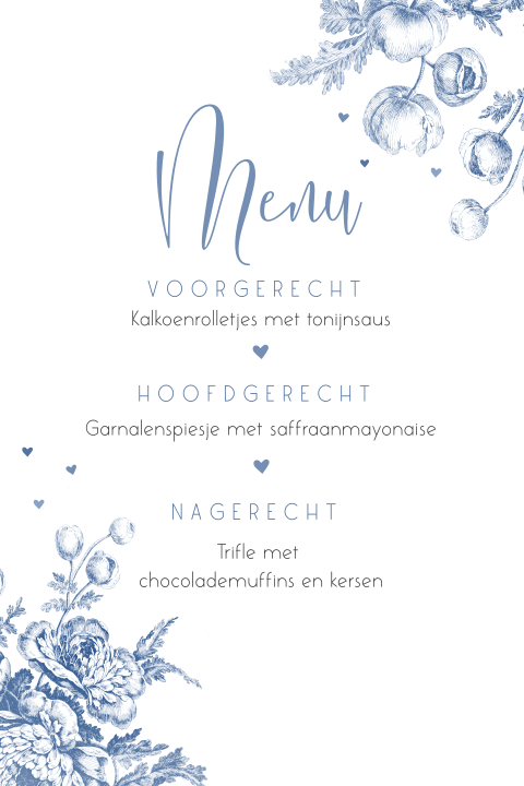 Menukaart delftsblauwe bloemen