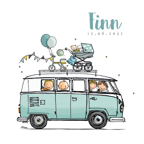 Geboortekaartje jongen vw bus blauwgroene ballonnen broertje