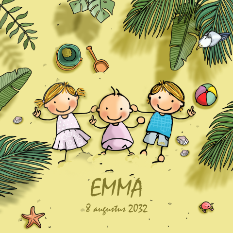 Geboortekaartje meisje baby strand en takjes met broertje en zusje