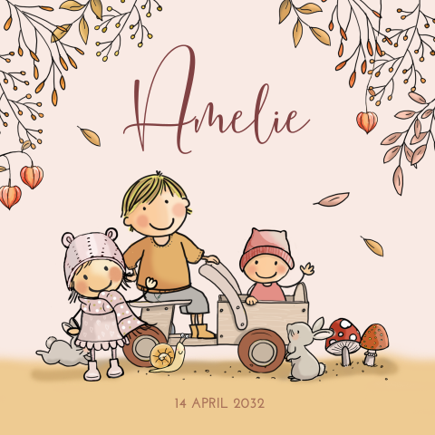 Geboortekaartje herfst meisje houten kar zusje broer