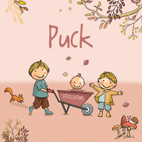 Geboortekaartje meisje broertjes herfst kruiwagen