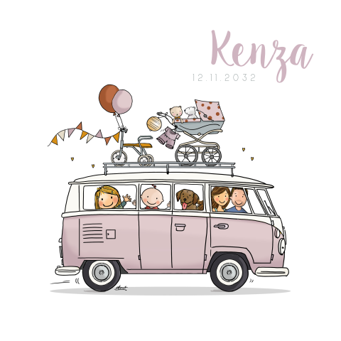 geboortekaartjes meisje lila vw busje roze zusje hond
