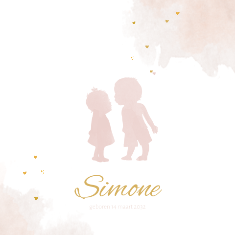 Geboortekaartje meisje met broertje kusje watercolor