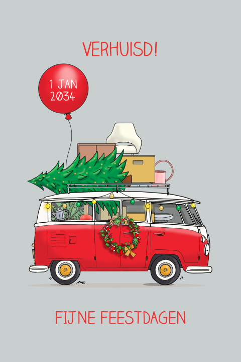 Kerstverhuiskaart busje rood met ballon