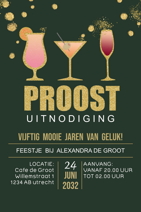 Uitnodiging cocktails en wijnglazen glitterlook