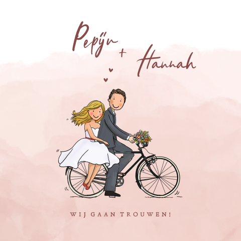Trouwkaart bruidspaar donker fiets met hartjes