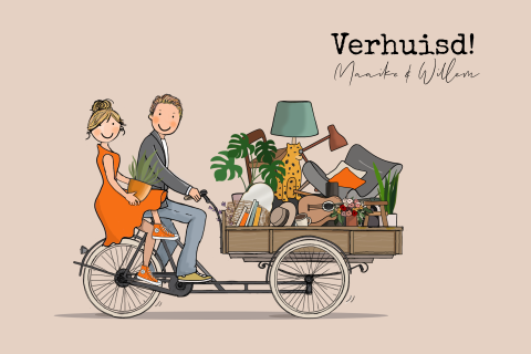 Verhuiskaart bakfiets met stel en spullen