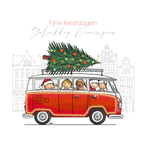 Kerstkaart vwbusje rood met familie en hond