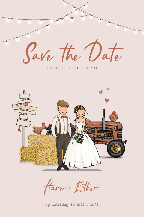 Savethedate bruidspaar tractor met hooibalen en lichtjes