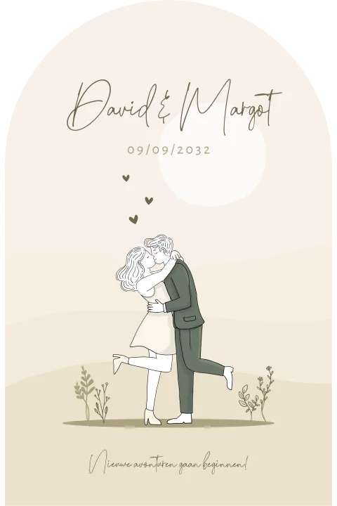 Trouwkaart bruidspaar zoenend met landschap