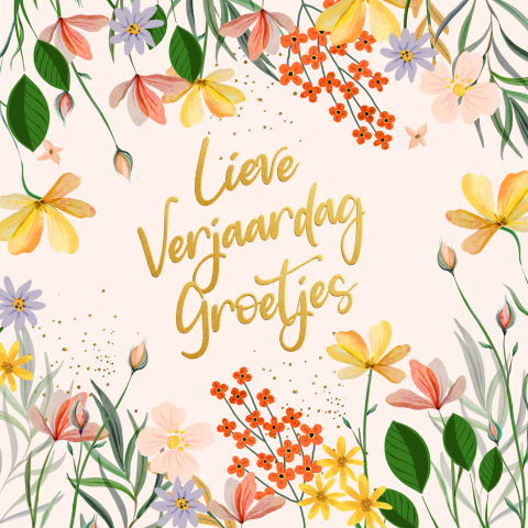 Verjaardagskaart voorjaarsbloemen met glittertekst