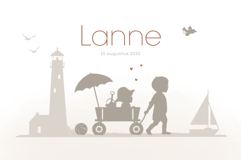 Geboortekaartje silhouet meisje strandkar met broertje