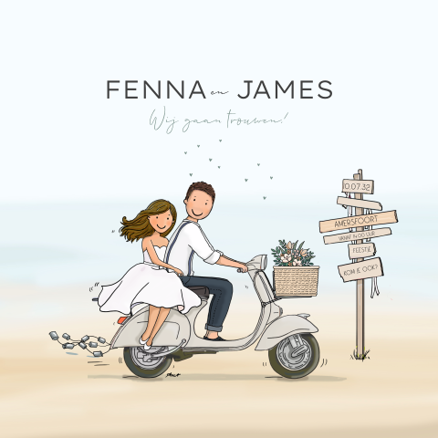Trouwkaart bruidspaar beige vespa met strand achtergrond