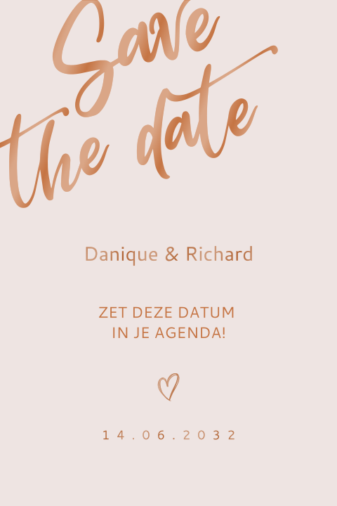Save the date kaart tekst in koperfolie