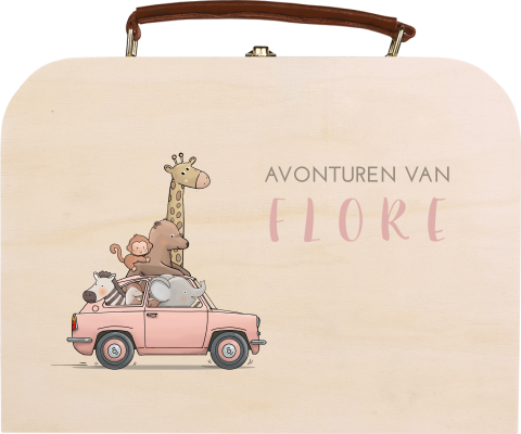 Houten koffer met roze auto en diertjes