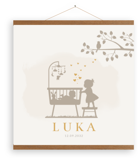 Canvasposter met latjes wiegje met baby zusje