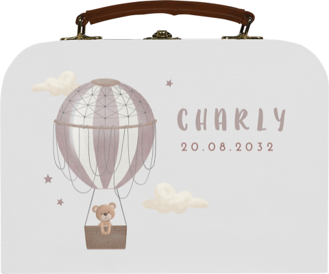 Houten koffer met roze luchtballon met beertje