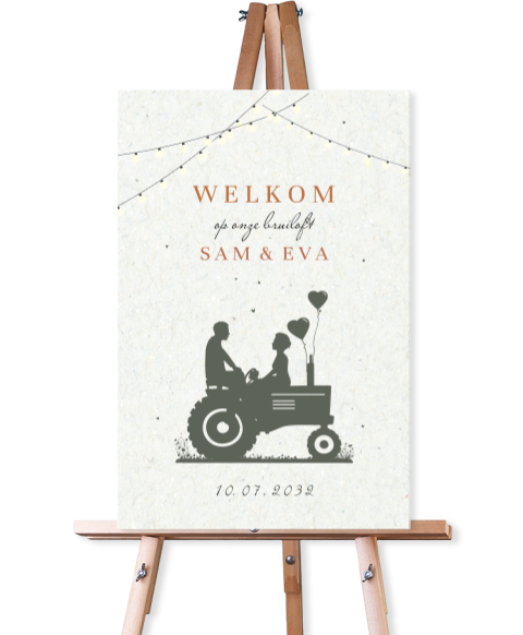 Welkomstbord bruiloft tractor met bruidspaar silhouette