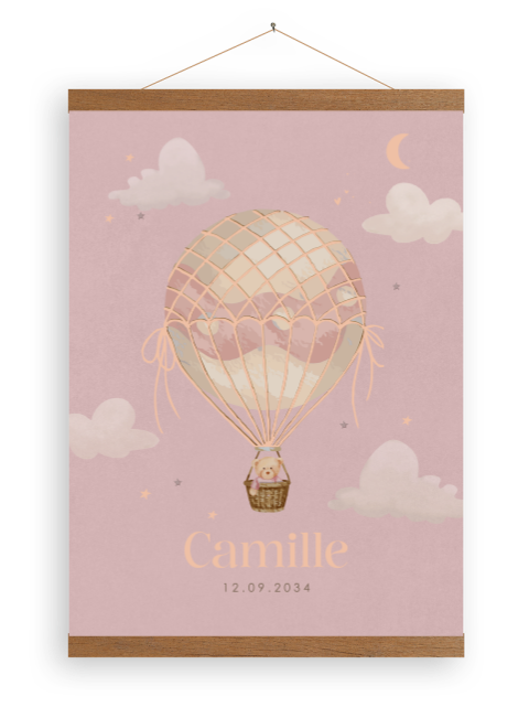 Poster dromerige luchtballon roze met beertje