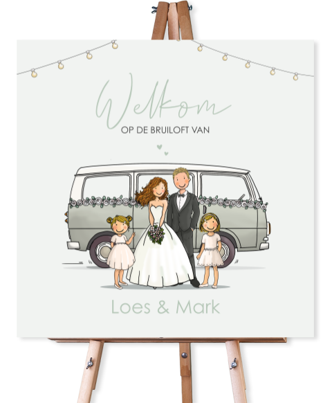 Welkomstbord bus met bruidspaar en kinderen