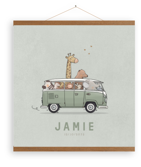 Poster geboortekaartje groen busje met dieren