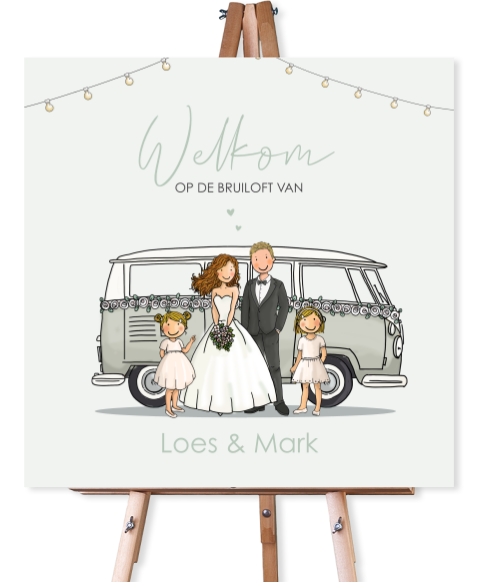 Welkomstbord vw bus met bruidspaar en kinderen