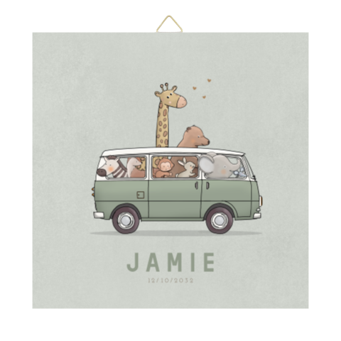 Tegel geboortekaartje groen busje met dieren