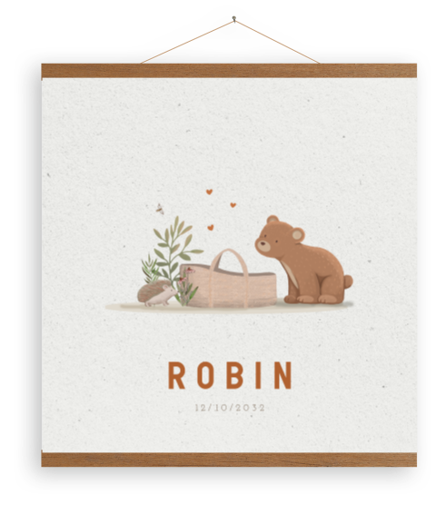 Poster met latjes beertje met mandje en hartjes