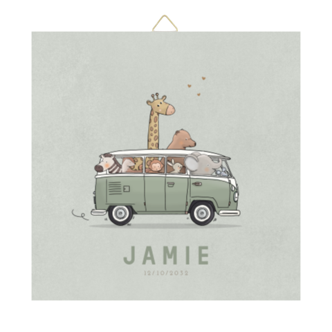 Tegel geboortekaartje groen busje met dieren