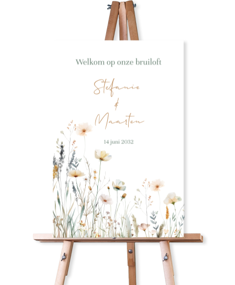 Welkomsbord bruiloft veldbloemen