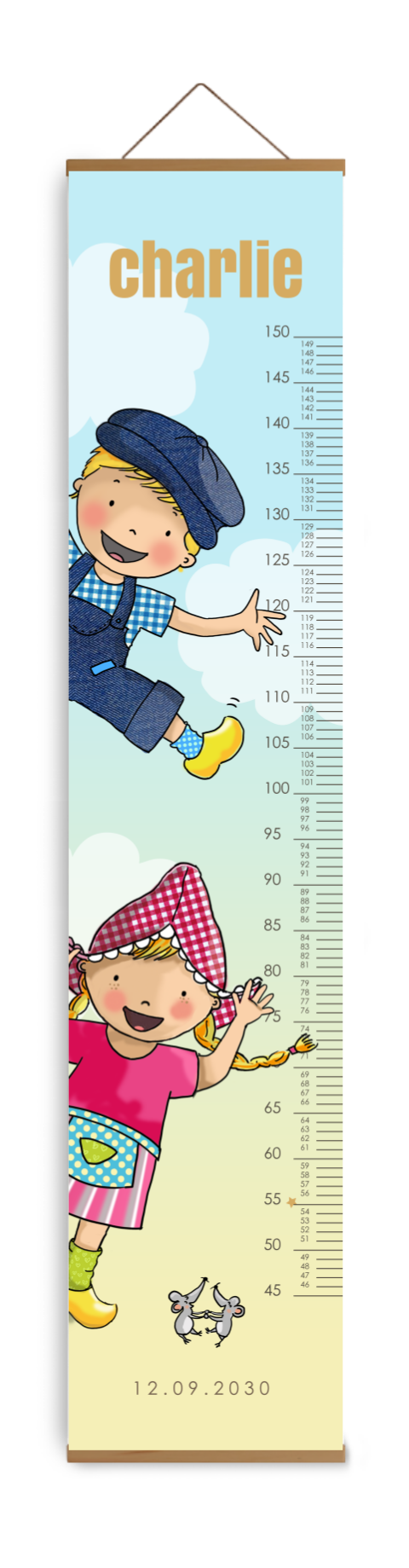 Bewerkbare groeimeter kinderkamer met Fien en Teun zwaaien