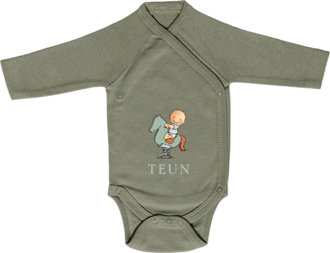 Rompertje met lange mouwen groen met baby op wippaard