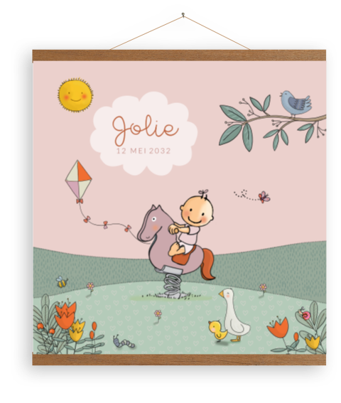 Poster baby meisje op hobbelpaardje roze