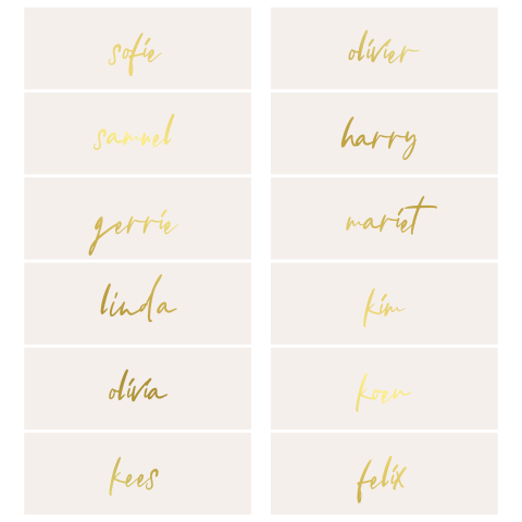 Stijlvolle naamkaartjes met geschreven tekst en luxe goudfolie