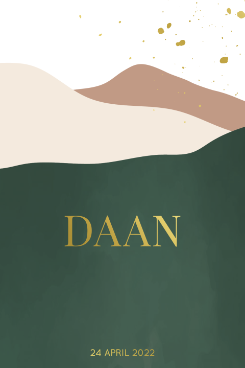 Naamposter met groene bergen en goudfolie