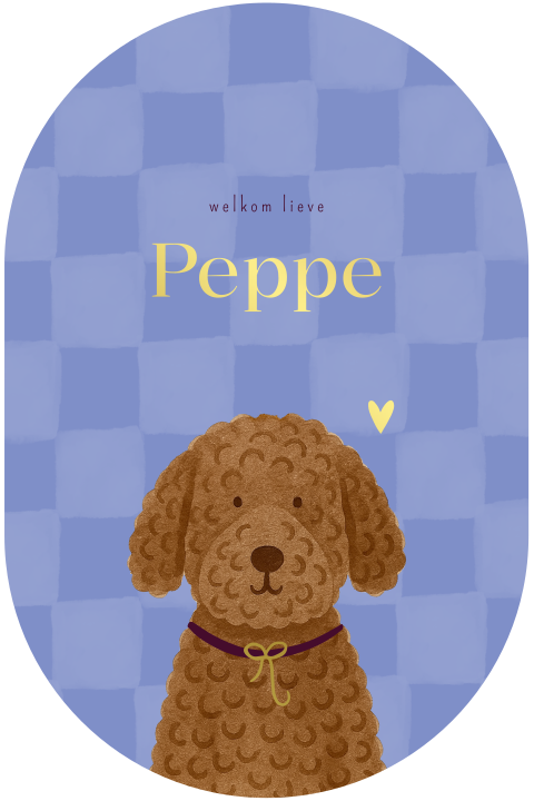 Ovaal geboortekaartje met ruit en hond