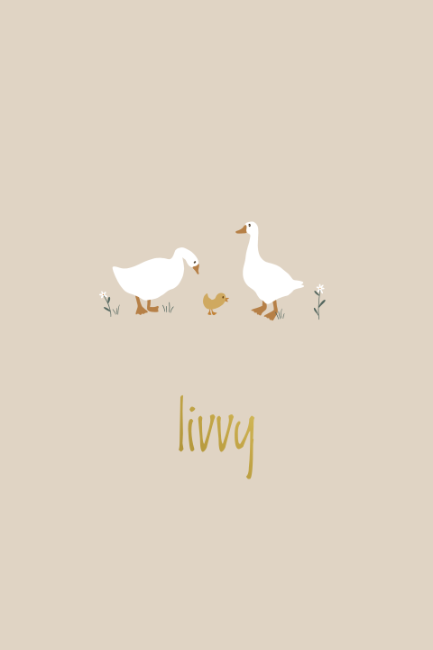 Beige geboortekaartje met schattige eenden en goudfolie