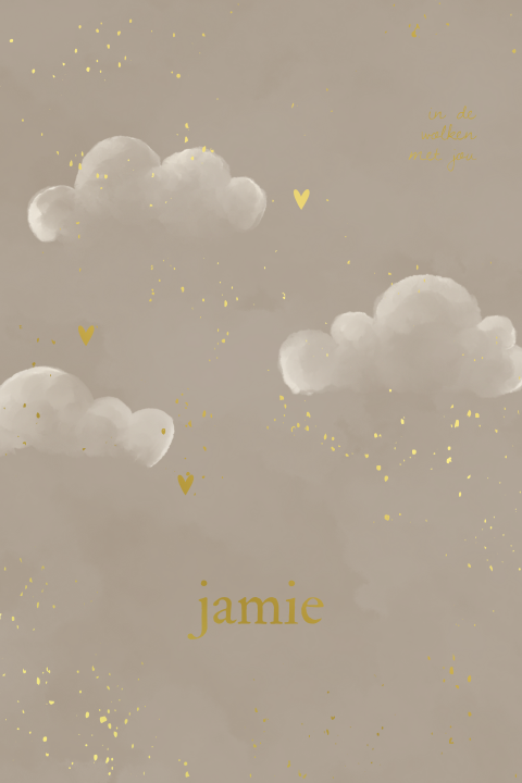 Beige geboortekaartje – Wolken, spetters en goudfolie hartjes