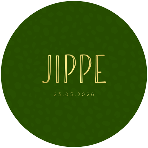 Rond geboortekaartje met goudfolie - groen met dierenprint