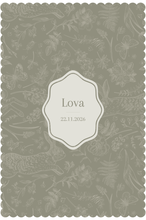 Vintage groen geboortekaartje met kartelrand, bloemen en konijnen