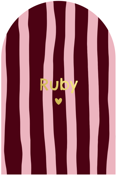 Geboortekaartje in boogvorm met bordeaux strepen