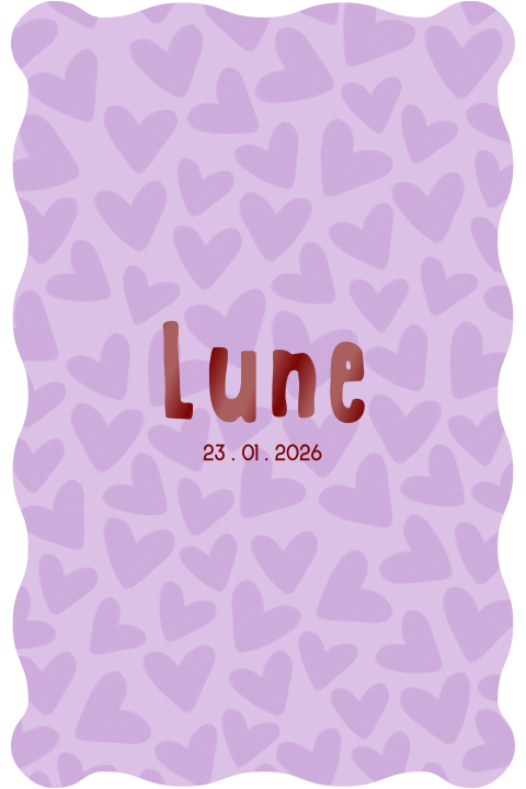 Geboortekaartje lila met hartjes en bordeaux folie